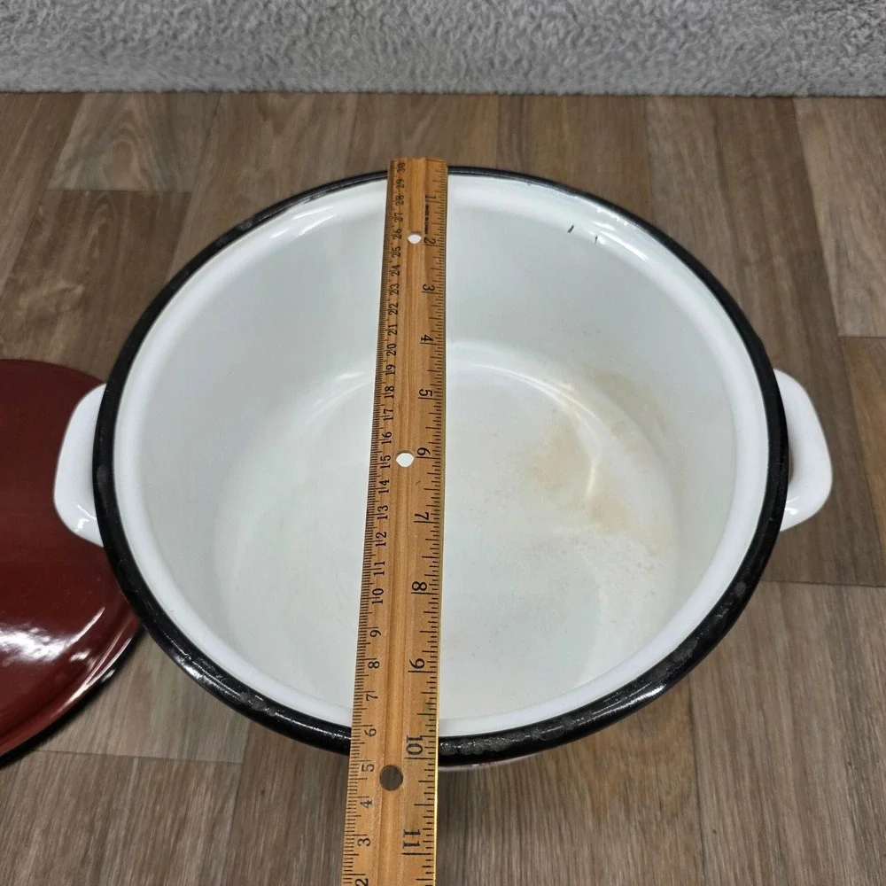 Vintage Floral Enamelware Stock Pot White Brown 24cm Retro Dutch Oven with Lid